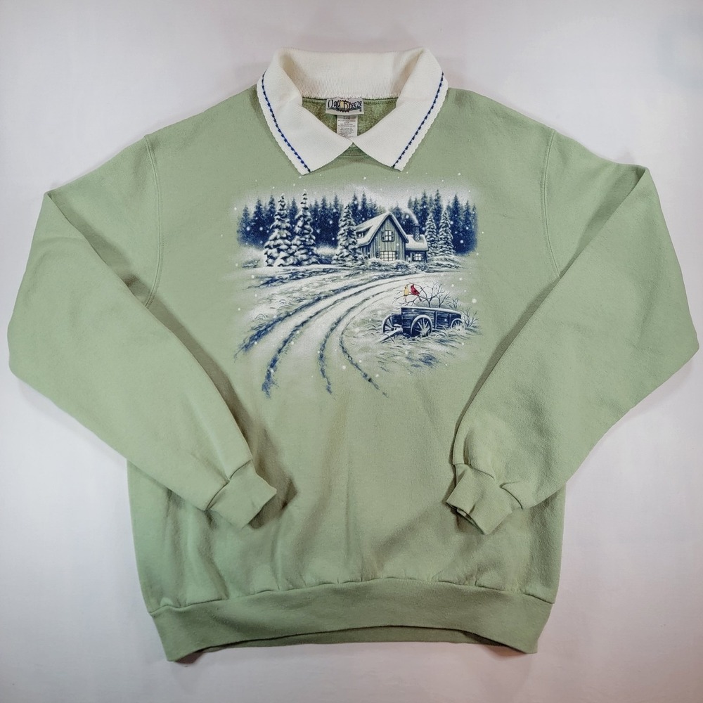 Day Breeze Vintage Winter Cabin Sweatshirt Sage Green Collared Pullover Large